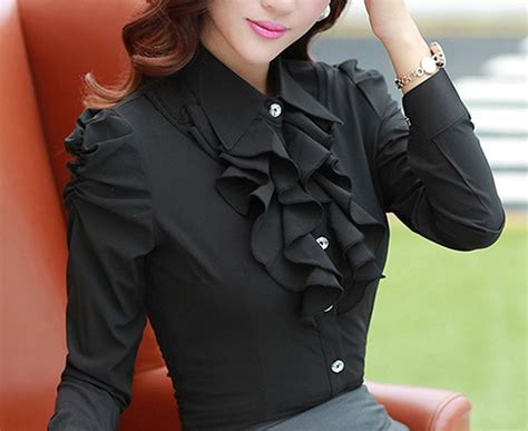 Yasong Women Ladies Long Sleeve Formal Top Work Blouse Frill Ruffle Blouse Black Uk 10 Amazon