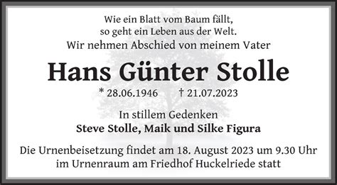 Traueranzeigen Von Hans G Nter Stolle Trauer Gedenken