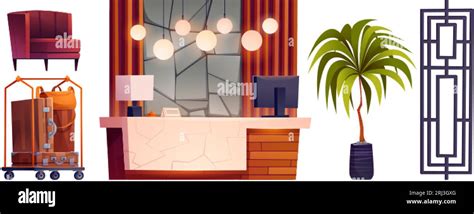 Hotel Reception And Lobby Interior Isolated Cartoon Vector Set