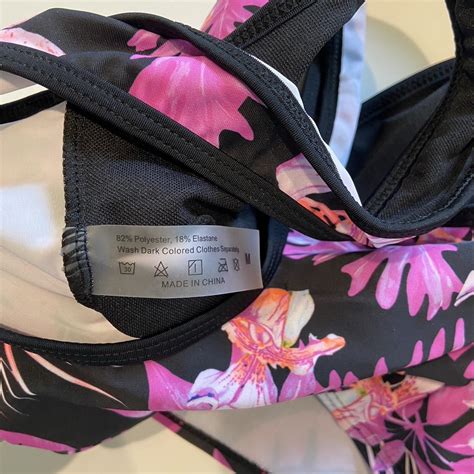 Black Flowery Bikini Top With Pink Purple Design Depop