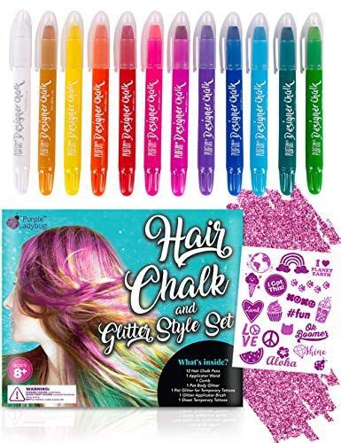 Purple Ladybug 12 Colors Hair Chalk For Girls With Glitter Tattoos