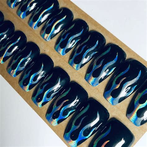 Flame Nails Blue And Black Holographic Flame Press On Nails Black