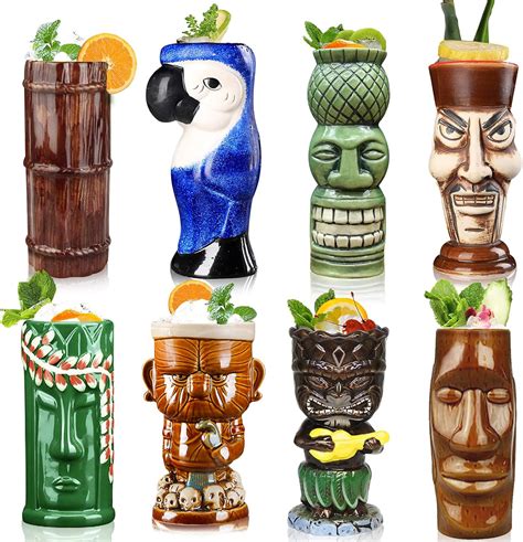 Suprobarware Tiki Mugs Set Of 8 Large Cocktail Tiki Glasses Hawaiian Party Cute