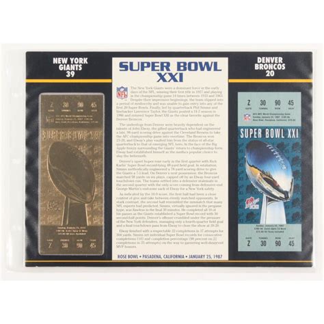 1987 Commemorative Super Bowl XXI Card with Ticket: Giants vs Broncos ...