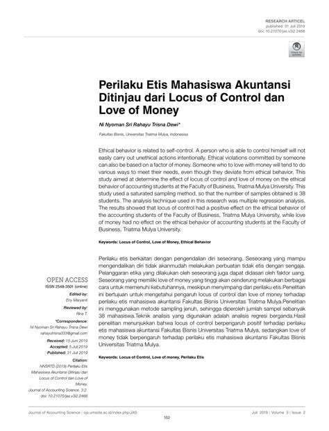 Pdf Perilaku Etis Mahasiswa Akuntansi Ditinjau Dari Locus Of Control