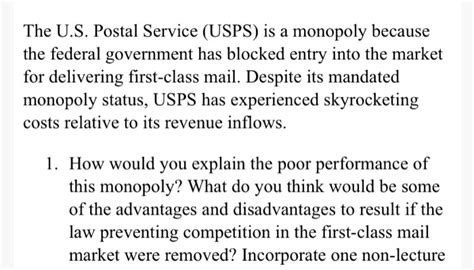 Solved The U S Postal Service Usps Is A Monopoly Because