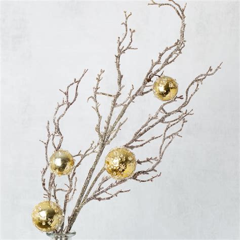 Artificial Iced Twig And Gold Ornaments Spray Christmas Holiday Florals Florals Craft