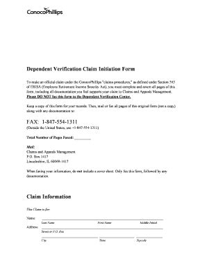 Fillable Online Dependent Verification Claim Initiation Form Fax Email