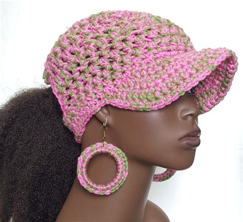 Pink And Green Chunky Crochet Baseball Cap With Earrings By Razonda Lee