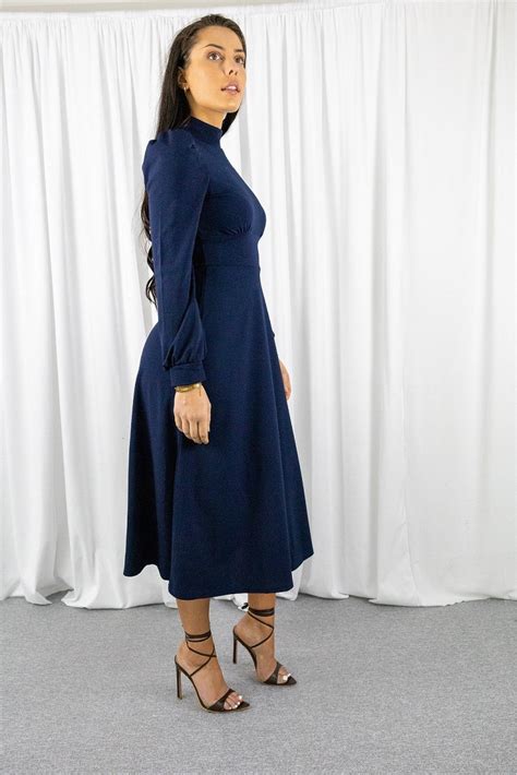 Navy Long Sleeve Turtle Neck Midi Dress Goddiva