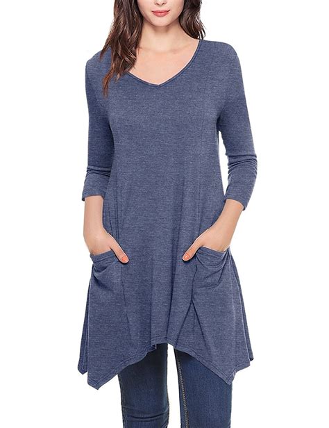 Womens V Neck Asymmetrical Hem Tunic Top With Pockets Deep Blue Cg12o5nkd09womens