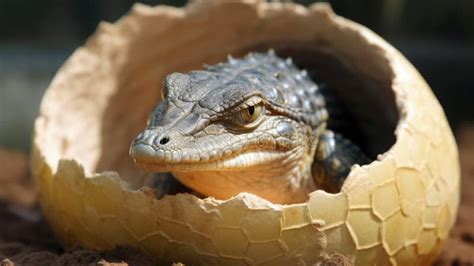 Baby Crocodile Hatching From A Cracking Egg Capturing The Delicate