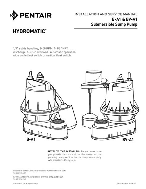 Hydromatic B A1 And Bv A1 Submersible Sump Pump Manual Installation