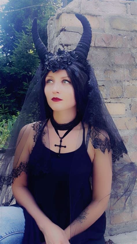 Gothic Black Headdress With Horns And Veil Headdress Horned Goddess