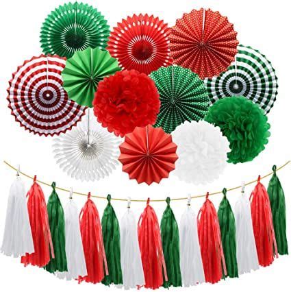 Amazon Meiduo Red Green White Hanging Paper Fans Pom Poms Flowers