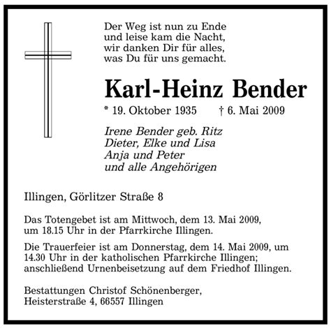 Traueranzeigen Von Karl Heinz Bender Saarbruecker Zeitung Trauer De