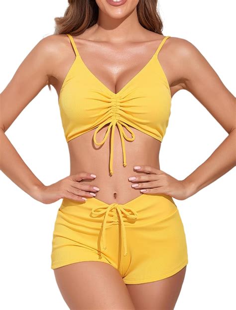 Amazon ZAFUL Women S Ruched Bikini Set Tie Front Boy Shorts