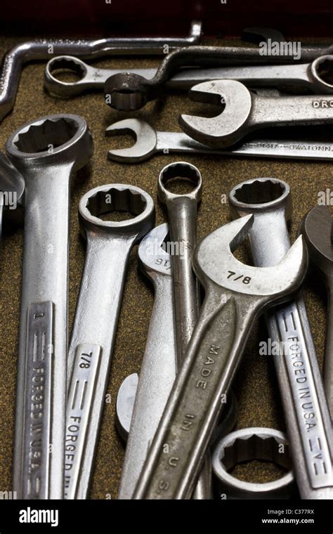 Close Up Macro Photograph Of A Mechanics Tools In A Tool Box Stock