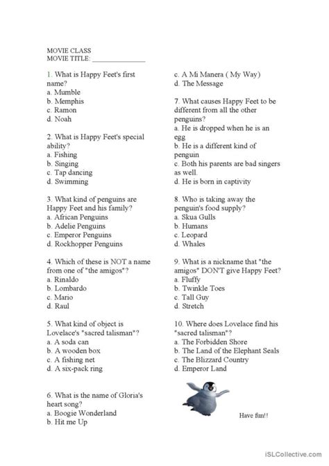 Happy Feet movie worksheet: English ESL worksheets pdf & doc