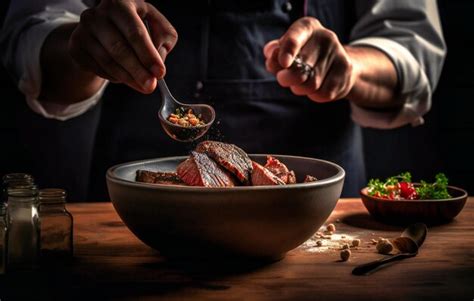 Premium Photo Chef Sprinkling Seasoning On Steak In Bowl