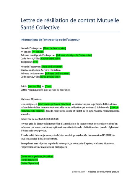 Lettre De R Siliation De Contrat Mutuelle Sant Collective Doc Pdf