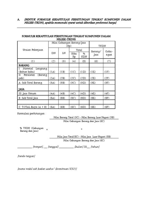 Bentuk Formulir Rekapitulasi Perhitungan Tingkat Komponen Dalam Negeri
