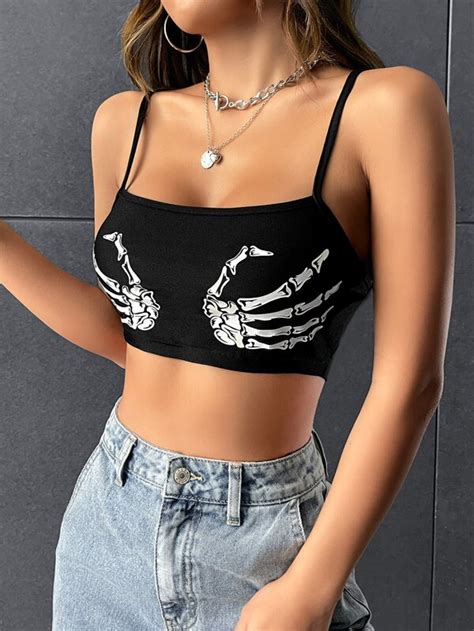 ROMWE PUNK Top De Tirantes Corto Reflectante Esqueleto Con Estampado De