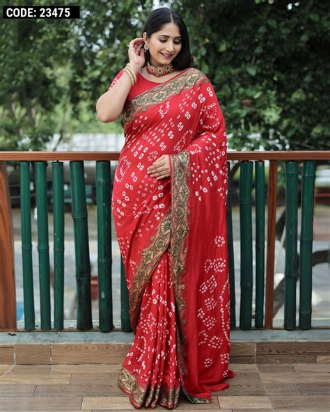 Red Color Pure Hand Bandhej Silk Saree With Printed Work