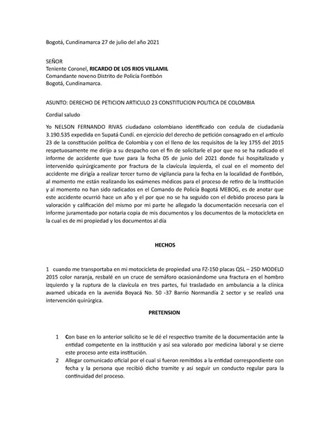 Formato Derecho Peticion Comparendo Bogotá Cundinamarca 27 de julio