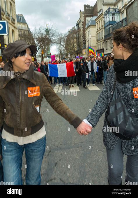 Paris France Lesbian Couple Holding Hands Marching In Pro Gay