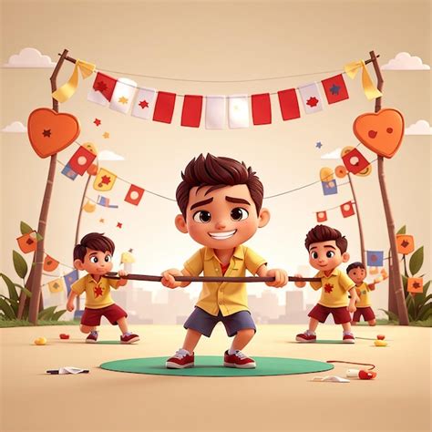 Premium Vector Cute Man Playing Tug Of War In Indonesian Independence