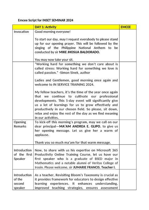 Inset Emcee Script 2024 Emcee Script For INSET SEMINAR 2024 DAY 1