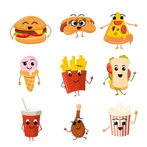 Divertidos Personajes De Vectores De Comida Rápida Vector Premium