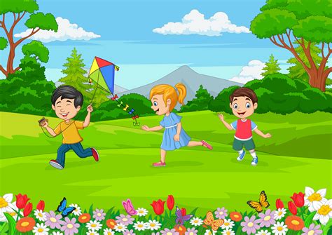 niños pequeños de dibujos animados jugando en el jardín 5151714 Vector ...