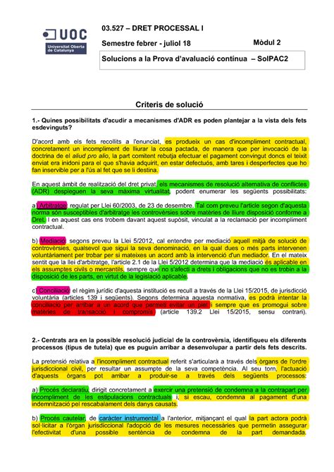 03527 Sol PAC 2 solución PAC 2 03 DRET PROCESSAL I Semestre