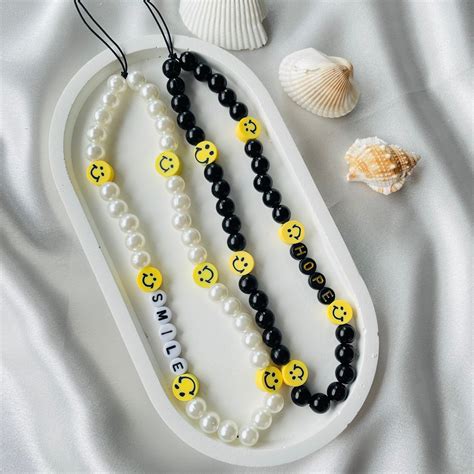 Smiley Face Pearl Beaded Phone Charm Customizable S Style Etsy