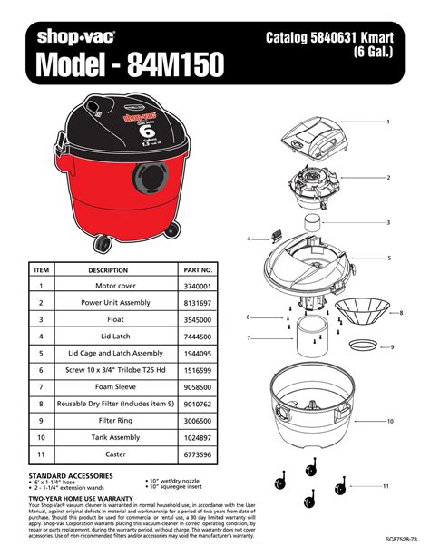 Shop Vac Parts List For 84m150 Models 6 Gallon Red Black Vac