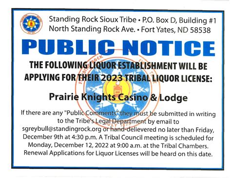 Public Notice Liquor License Prairie Knights Casino - Standing Rock