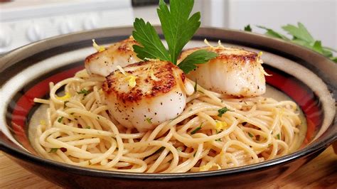 Pan Seared Scallops Over Pasta In A Lemon White Wine Sauce Tiny