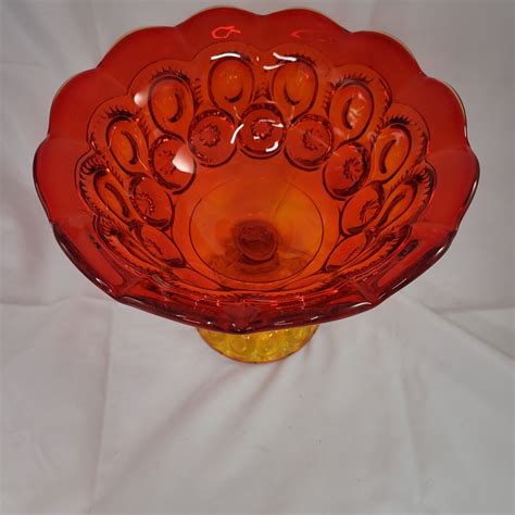 Vintage Le Smith Moon Stars Amberina Glass Ruffled Large 6 34 X 8 Compote Mcm Ebay