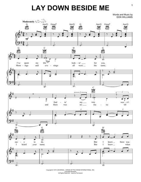 Don Williams "Lay Down Beside Me" Sheet Music for Piano, Vocal & Guitar | Download PDF - 432478