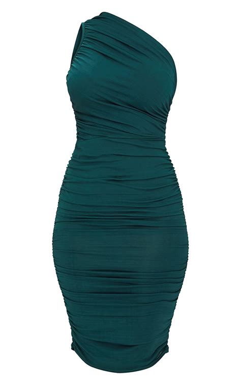 Emerald Green Slinky Ruched One Shoulder Longline Midi Dress