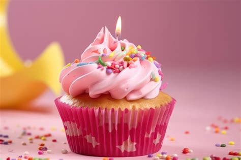 Premium AI Image | A pink cupcake with a candle on it