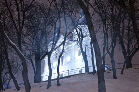 Beautiful Winter Cityscape at the Night - Catholic Church Discalced Carmelites in Lvov Stock ...