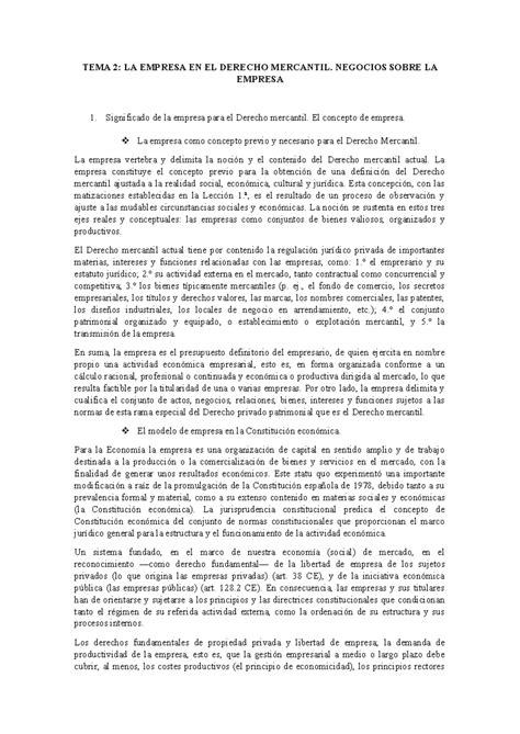 Tema 2 Apuntes Manual Tema 2 La Empresa En El Derecho Mercantil Negocios Sobre La Empresa