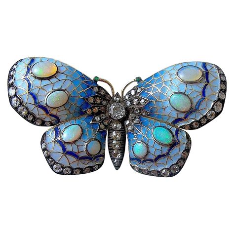 Gorgeous Enamel Opal And Diamond Butterfly Brooch 18k Circa 1900