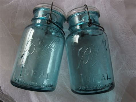 Vintage Pair Ball Canning Jars Light Blue Script Ball Name IDEAL