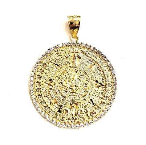 New 14k Yellow Gold Aztec Mayan Sun Calendar Azteca Pendant Zirconia 1