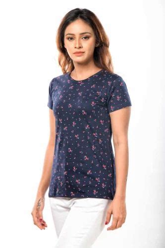 Half Sleeve Floral Print Women Cotton T Shirt Casual Wear Size Large