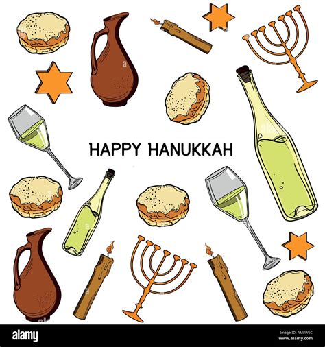 Hanukkah Traditional Jewish Holiday Symbols Set Israel Festival